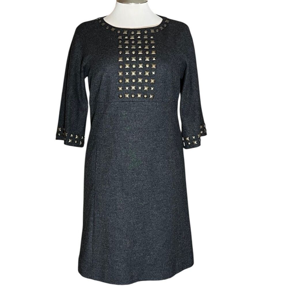 Per se Charcoal Gray Studded‎ 3/4 Sleeve Wool Lined Sheath Dress Sz 14